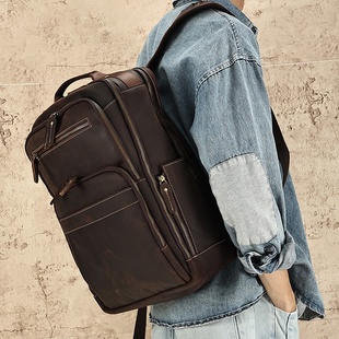 秋冬跨境热销新品 大容量真皮男包商务休闲旅行 疯马皮双肩包男款