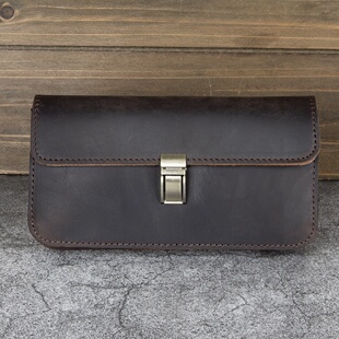 秋冬复古欧美风真皮手机腰包男士横款穿皮带手机包疯马皮头层牛皮