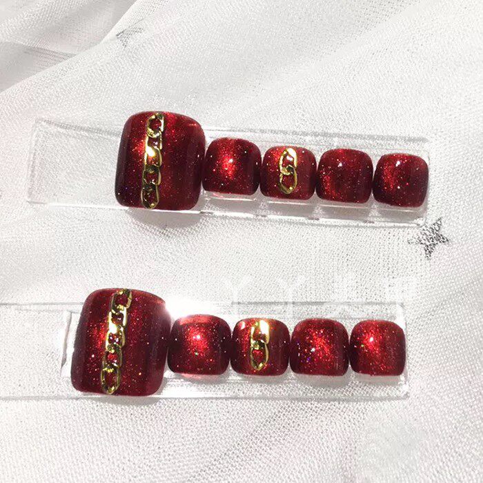 车厘子红色猫眼链条脚趾甲贴片美甲网红穿戴甲女可卸防水手工定制