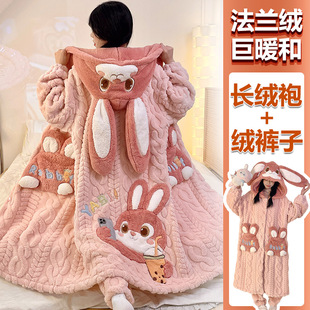 睡袍女款珊瑚绒睡衣加厚加绒秋冬季卡通长袍学生加大码胖mm家居服