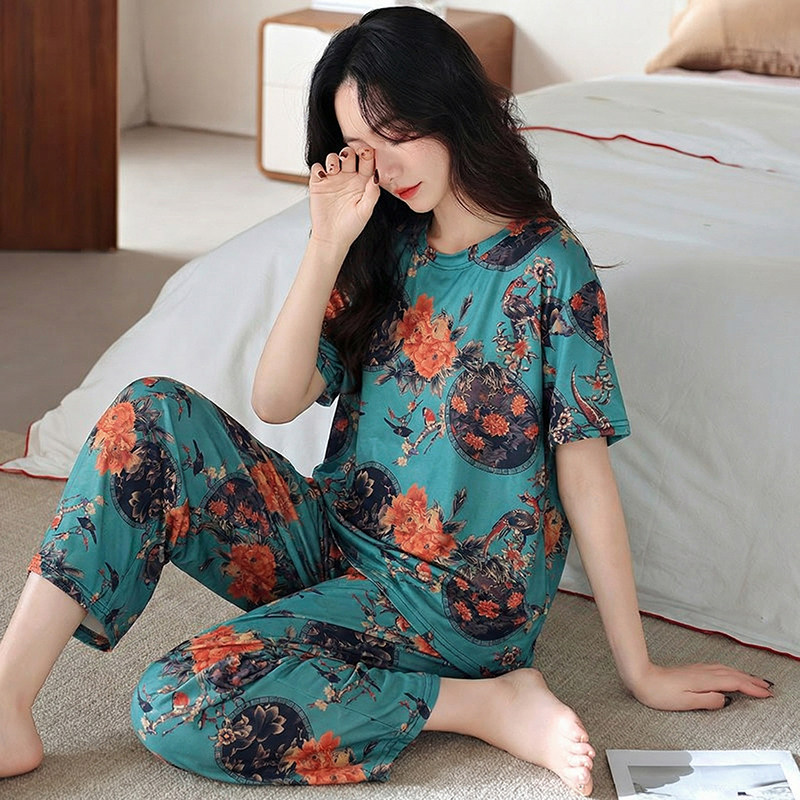 睡衣女款夏天中老年人妈妈加肥加大码短袖七分裤家居服套装可外穿