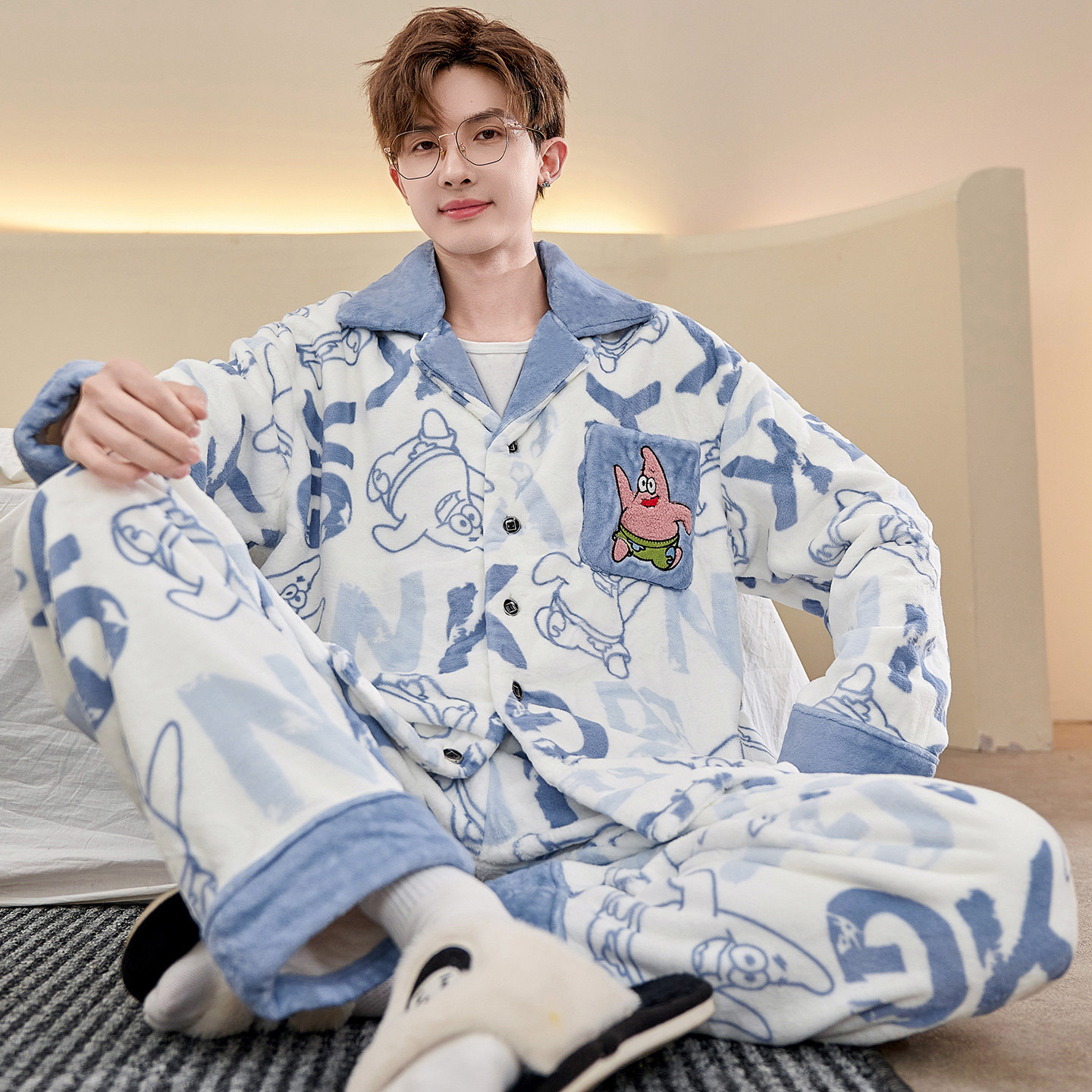 男士睡衣冬季加绒加厚珊瑚绒青少年开衫法兰绒家居服套装加肥加大