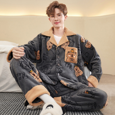 睡衣男季珊瑚绒秋冬加绒加厚男式法兰绒可外穿男款家居服套装卡通