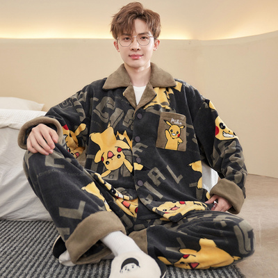 睡衣男季珊瑚绒秋冬加绒加厚男式法兰绒可外穿男款家居服套装卡通