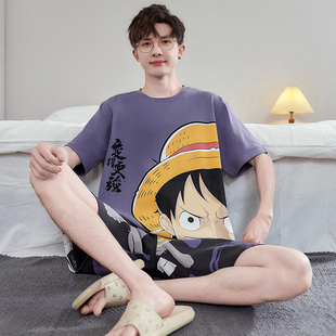 睡衣男款夏季100纯棉短袖加大码卡通青少年全棉可外穿家居服套装