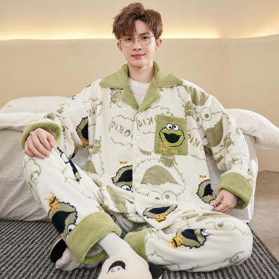 睡衣男季珊瑚绒秋冬加绒加厚男式法兰绒可外穿男款家居服套装卡通