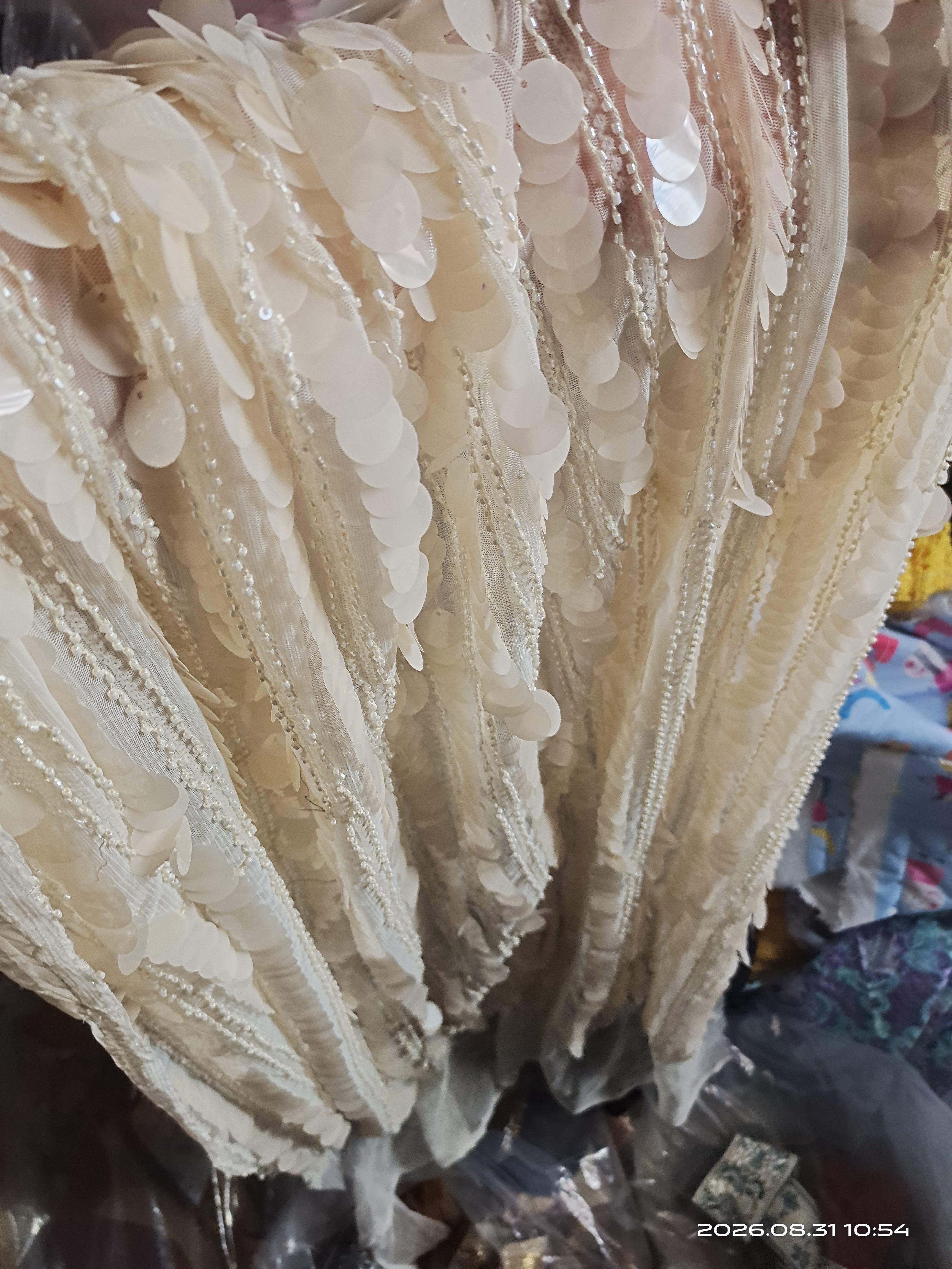 杏肤色重工亮片钉珠网纱布料 服装服饰辅料DIY配件1米x1.4米
