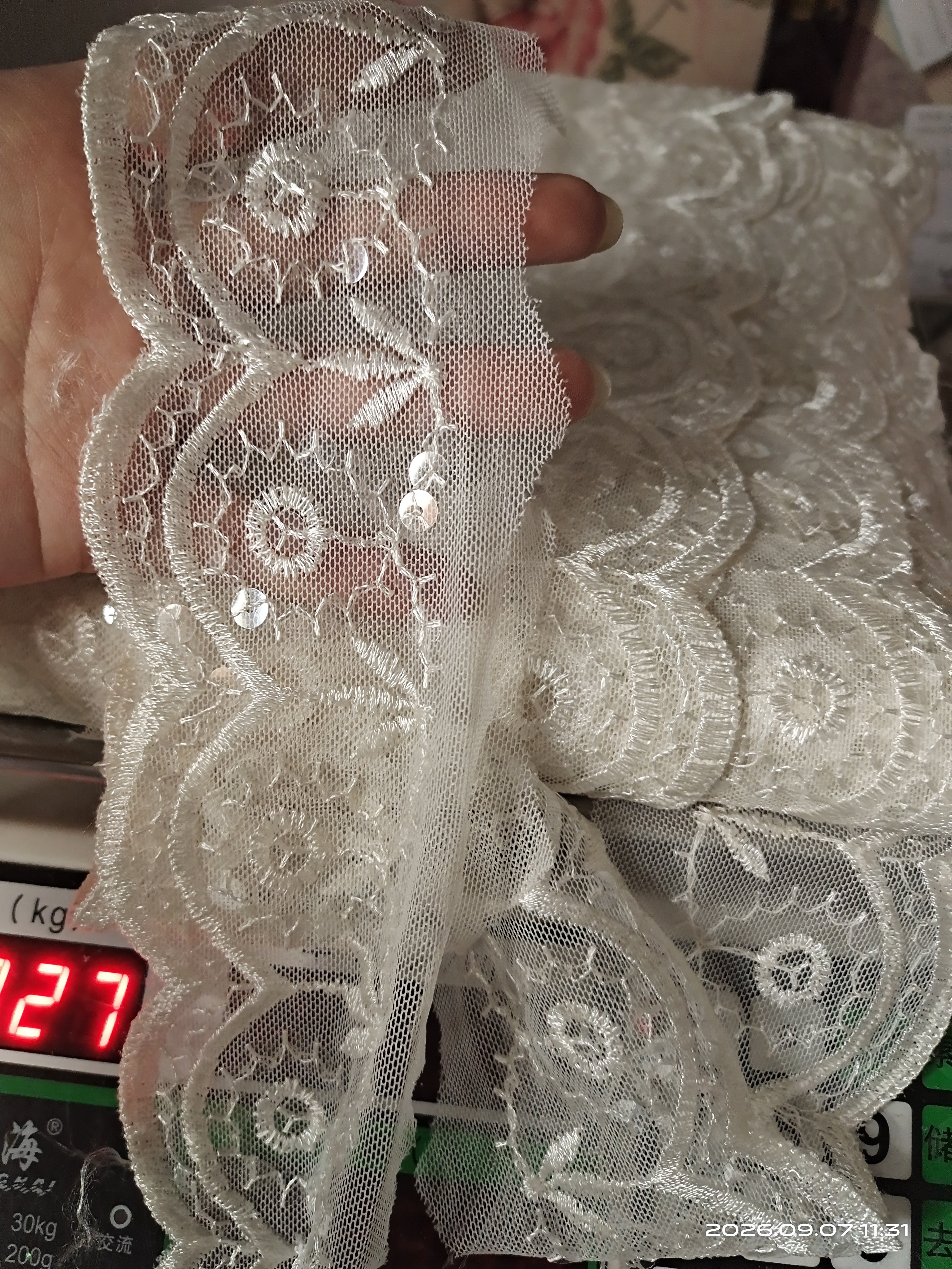 米白单边亮片网纱刺绣花边服装服饰辅料裙边发饰DIY配件830克