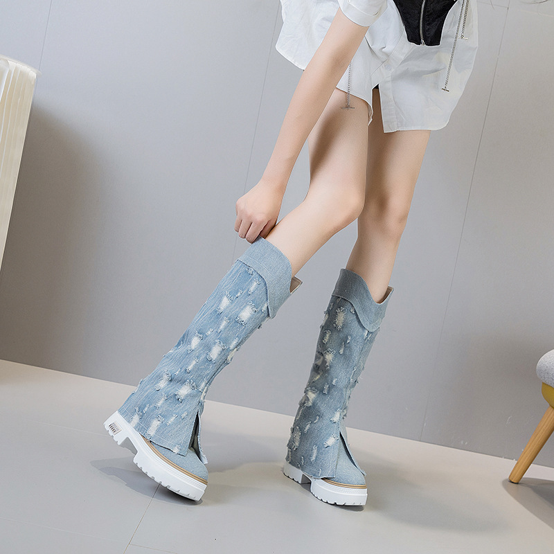 足管烟筒靴内增高牛仔布高筒靴