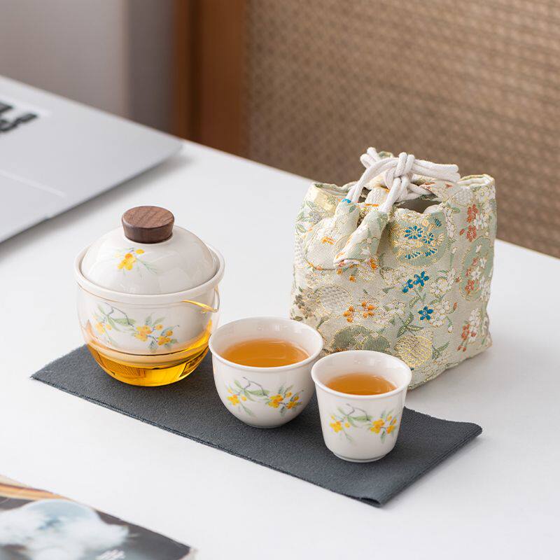 旅行茶具套装草木灰快客杯一壶两杯户外露营女士泡茶壶简约茶杯