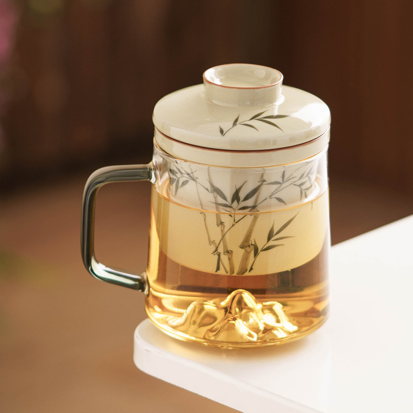 手绘翠绿文竹办公杯玻璃泡茶杯茶水分离杯家用喝水杯子带盖马克杯