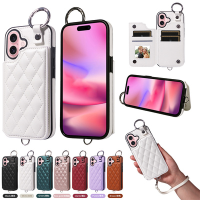 手腕挂绳苹果16手机壳可提式短绳适用iphone15promax带手绳卡包14手提挂绳13皮质可插卡套12新款零钱包11白色