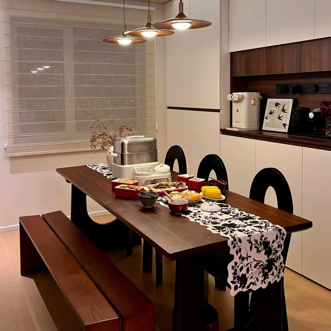 北欧实木餐桌长方形多功能家用饭桌客厅中古大板桌书桌一体办公桌