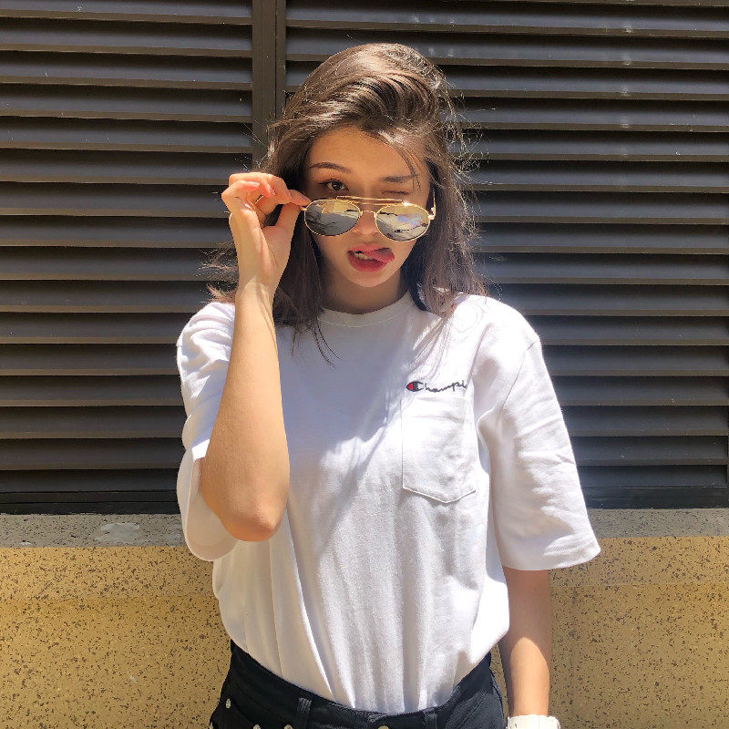 美版champion刺绣草写口袋life 夏季男女款圆领棉质潮宽松T恤短袖