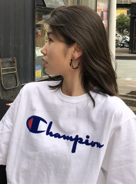 美版Champion植绒毛毡草写logo男女短袖宽松潮圆领夏冠军t恤GT19