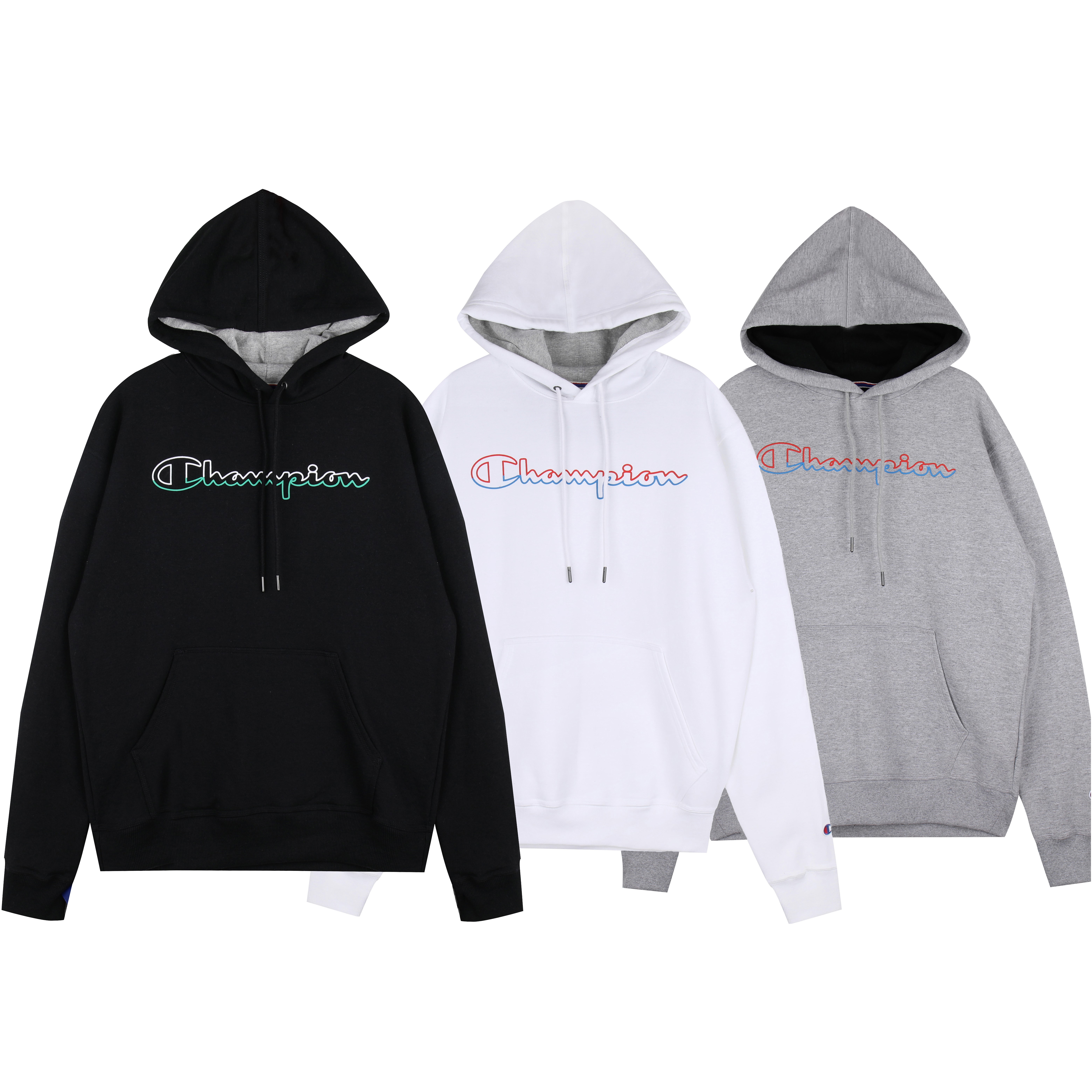 新款现货美版champion撞色草写加绒宽松卫衣男女款美潮连帽衫gf89