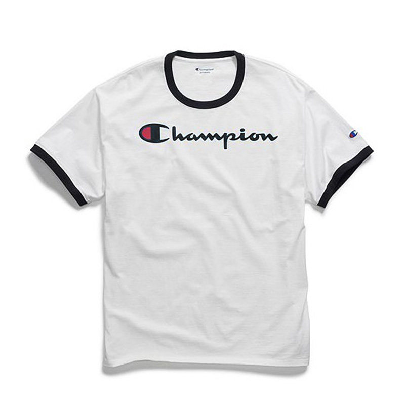 美版champion新款撞色草写印花刺绣袖标logo男女情侣款t恤短袖
