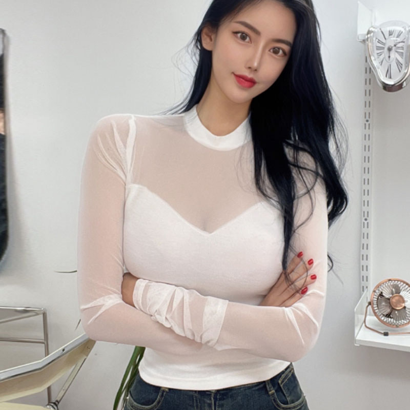 韩国东大门春秋新款气质性感网纱拼接显身材紧身长袖打底女装上衣