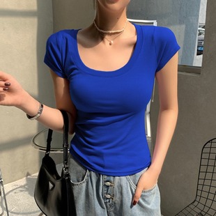 2025夏新款 T恤女紧身显胸弹力体恤上衣 百搭基础款 糖果色亲肤短袖