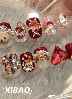 红色穿戴甲短款高级新娘手工指甲贴片2025新款秋冬成品穿戴式美甲