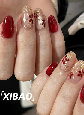 红色穿戴甲短款纯手工高级感甲片穿戴式猫眼美甲2025新款指甲贴片