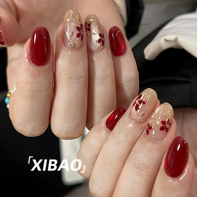 红色穿戴甲短款纯手工高级感甲片穿戴式猫眼美甲2025新款指甲贴片