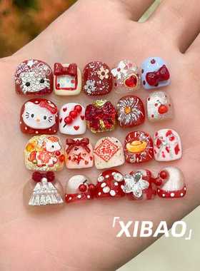 儿童穿戴甲红色新年款可爱穿戴美甲2025新款纯手工制作假指甲贴片