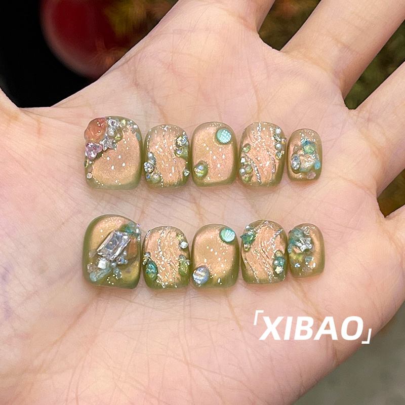芭乐猫眼穿戴甲短款手工绿色穿戴美甲2025新款高级感春日指甲贴片