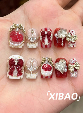 重工穿戴甲2026新款超火羊年穿戴美甲短款高级感手工红色指甲贴片