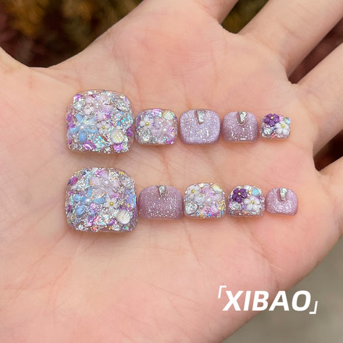 脚穿戴甲2026新款超火紫色猫眼穿戴美甲高级感手工显白脚趾甲贴片