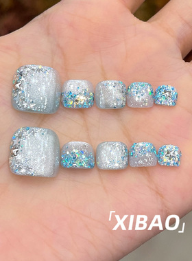 蓝色脚穿戴甲2026超火手工猫眼穿戴美甲新款高级感夏日脚趾甲贴片
