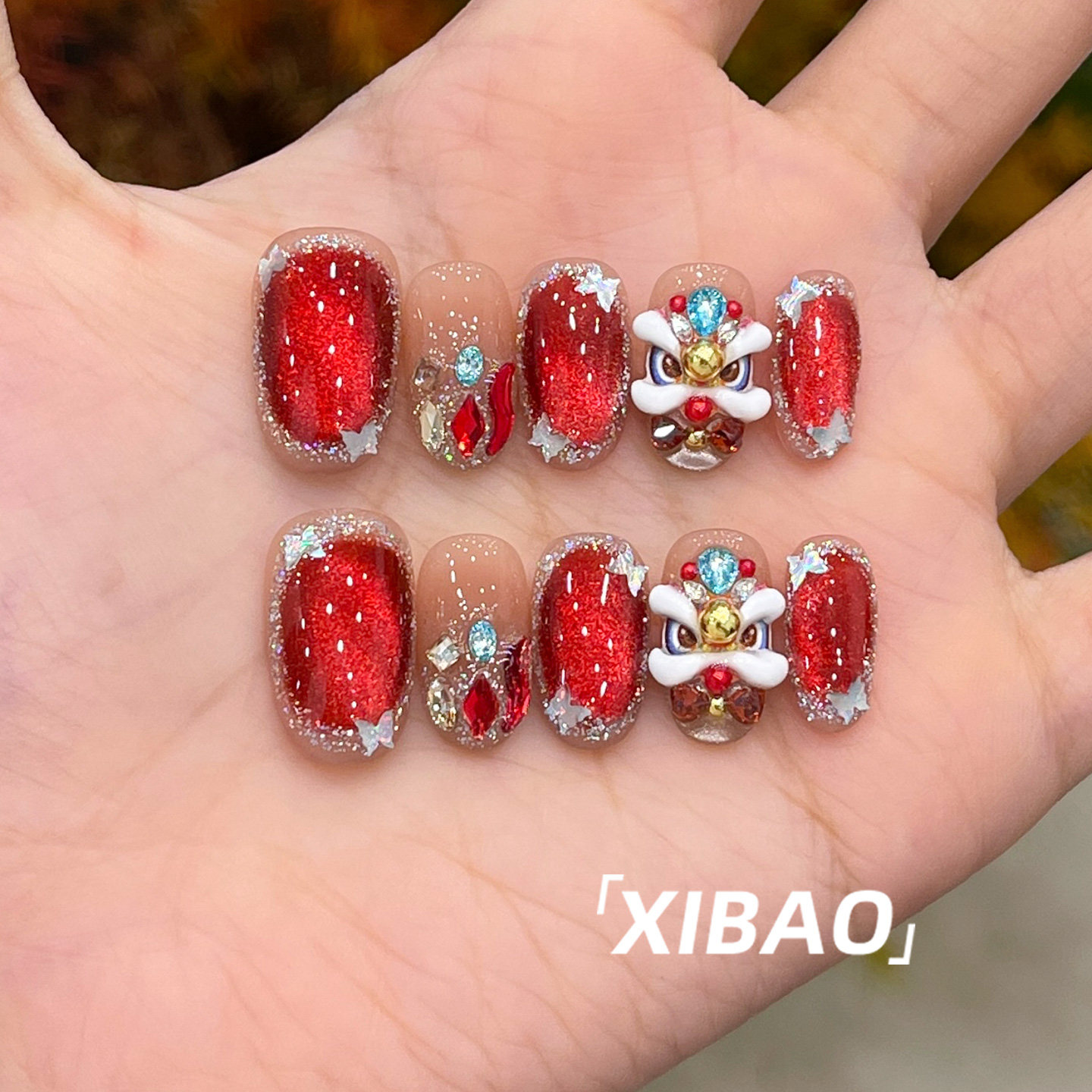 醒狮穿戴甲短款手工红色猫眼指甲贴片2025新款高品质新年穿戴美甲,彩妆/香水/美妆工具,穿戴甲/甲片,淘宝优惠券,粉丝福利购,淘宝优惠卷