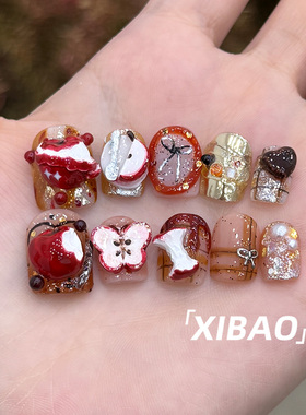 苹果穿戴甲短款精致重工穿戴款美甲2025新款纯手工高质量指甲贴片