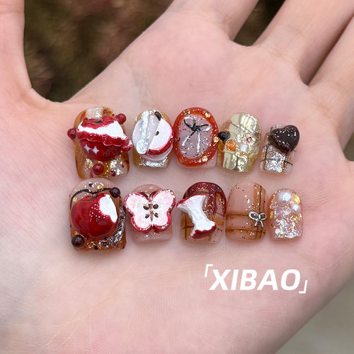 苹果穿戴甲短款精致重工穿戴款美甲2026新款纯手工高质量指甲贴片