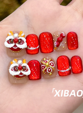 醒狮穿戴甲短款秋冬高质量指甲贴片2025新年款纯手工红色猫眼美甲