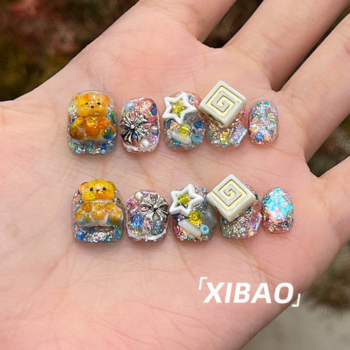 重工穿戴甲轻奢高级感短款穿戴式美甲2025新款纯手工水彩指甲贴片