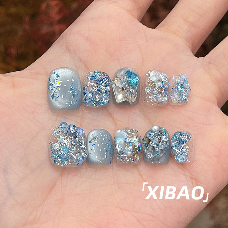 蓝色猫眼穿戴甲短款纯手工闪钻指甲贴片2025新款高级感穿戴式美甲