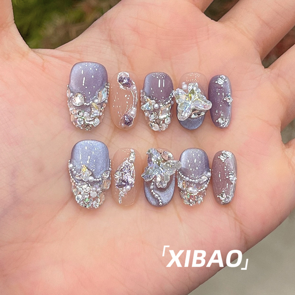 紫色猫眼穿戴甲2025新款高级感重工穿戴美甲短款手工绝美指甲贴片