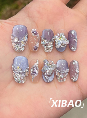 紫色猫眼穿戴甲2025新款高级感重工穿戴美甲短款手工绝美指甲贴片