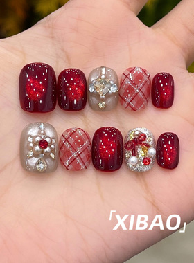 红色穿戴甲轻奢高级感绝美猫眼指甲贴片2025新款手工短款穿戴美甲