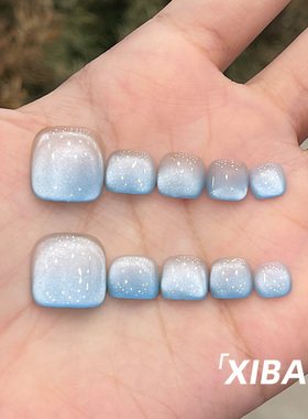 蓝色穿戴甲脚趾甲夏天绝美猫眼美甲2026新款高质量手工脚指甲贴片