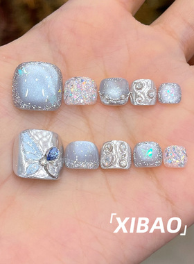 蓝色穿戴甲脚趾甲爆款手工猫眼穿戴美甲2026新款高级感脚指甲贴片