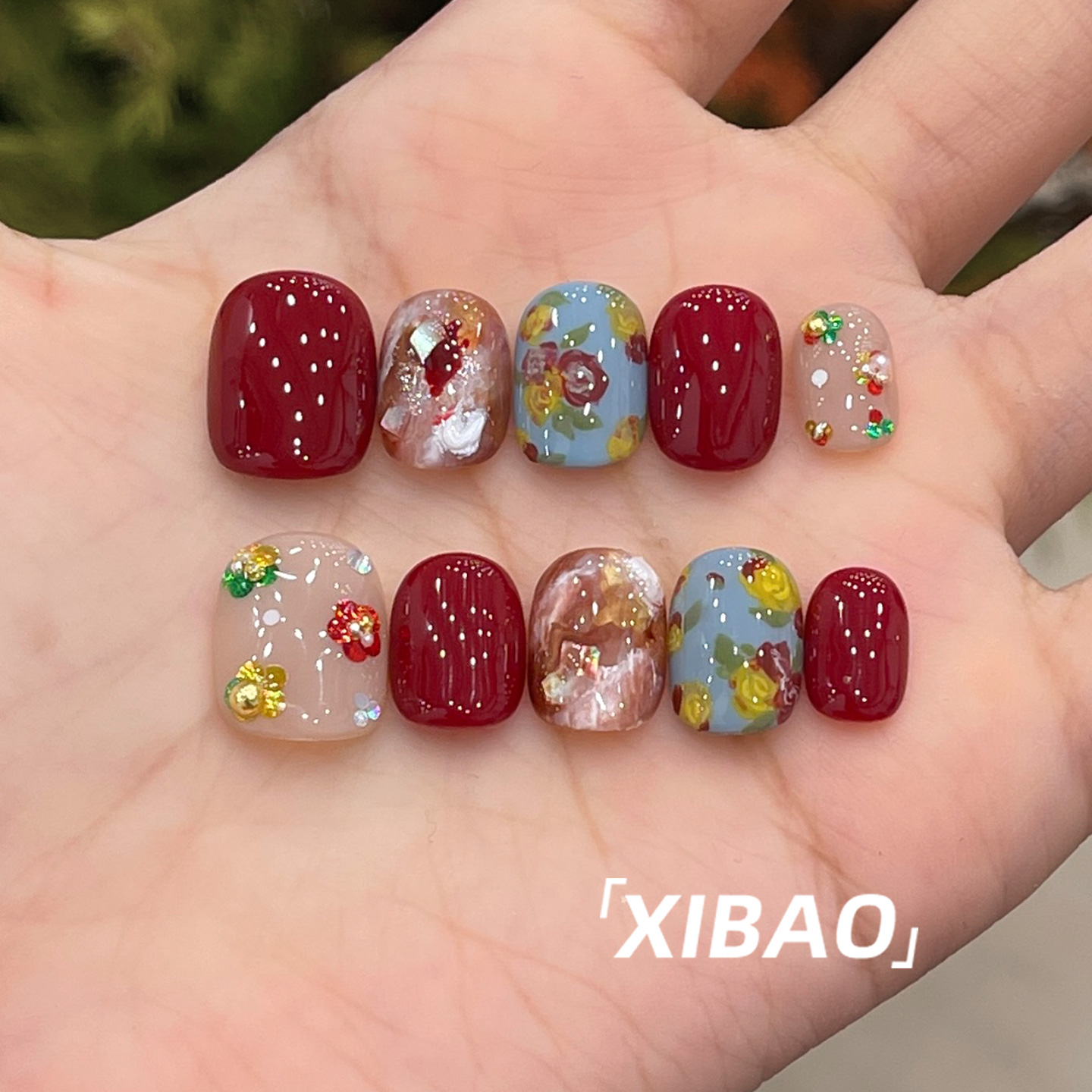 纯手工制作油画红色显白美甲