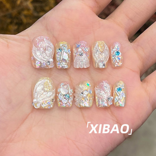 夏天穿戴甲短款高质量鱼尾穿戴款美甲2026新款纯手工绝美指甲贴片