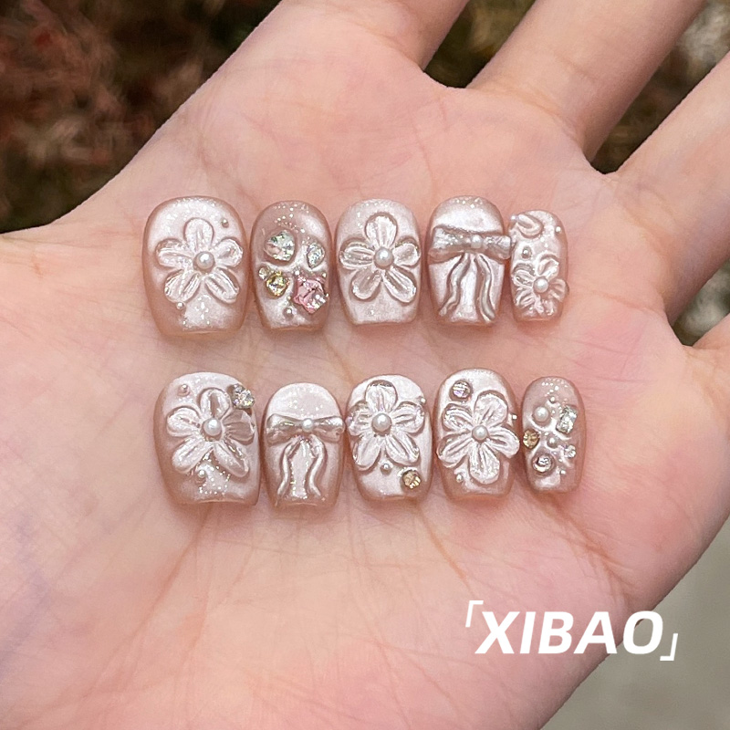 猫眼穿戴甲短款手工定制蝴蝶结指甲贴片2025新款高级感穿戴款美甲