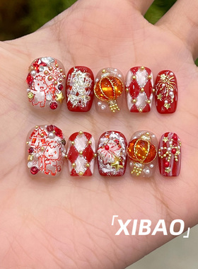 马年穿戴甲轻奢高级感红色猫眼指甲贴片2025新款手工过年穿戴美甲