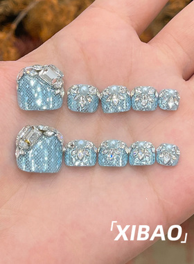 蓝色脚趾甲穿戴甲2026新款绝美手工穿戴美甲高级感夏日脚指甲贴片
