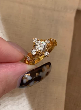 中古月桂叶戒指轻奢小众高级感高颜值开口戒指食指环女手饰品礼物