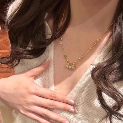 新中式珐琅烧蓝平安锁吊坠项链女款轻奢小众高级感葫芦花朵锁骨链