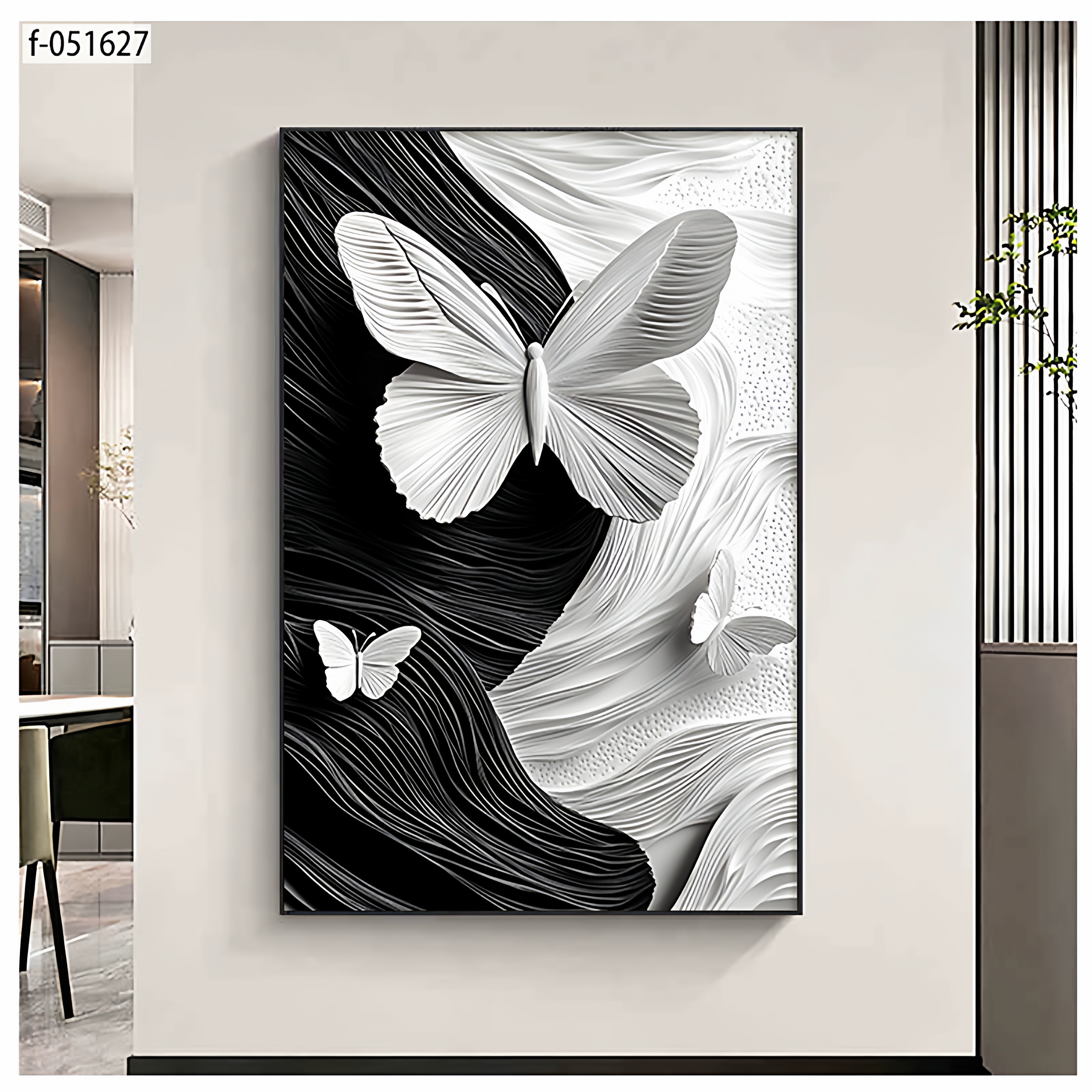 家居装饰画玄关背景墙新房晶瓷挂画高级感黑白蝴蝶现代抽象艺术画图片